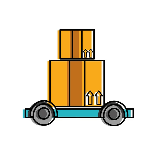 Yakın kutuları paketleri ile taşınan renk platform yük arabaları — Stok Vektör