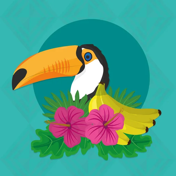 Tropic yaprakları çiçek ve toucan tasarım — Stok Vektör