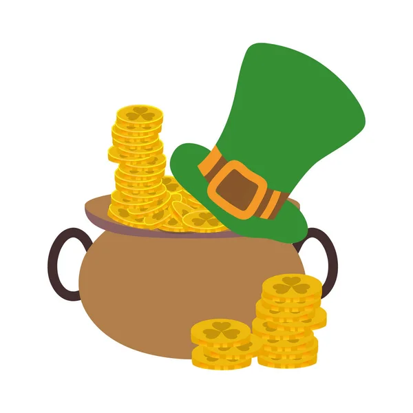 Pièces d'or de couleur et chapeau st patrick à l'intérieur chaudron — Image vectorielle