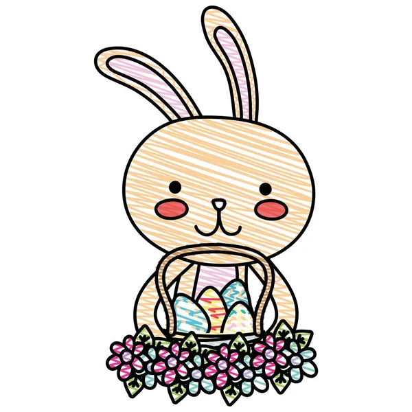 Lapin râpé animal avec oeufs Pâques à l'intérieur panier et fleurs design — Image vectorielle