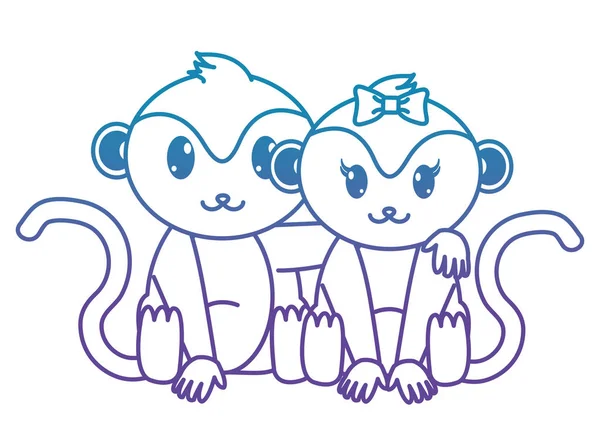Linea blu scimmia coppia simpatico animale insieme — Vettoriale Stock
