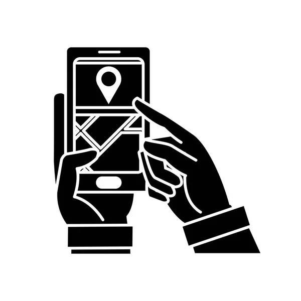 Hombre silueta manos con smartphone conectar en el mapa gps — Vector de stock