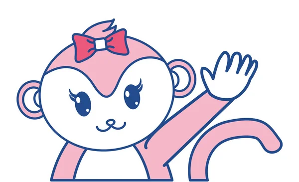 Ligne couleur adorable femelle singe animal avec la main vers le haut — Image vectorielle