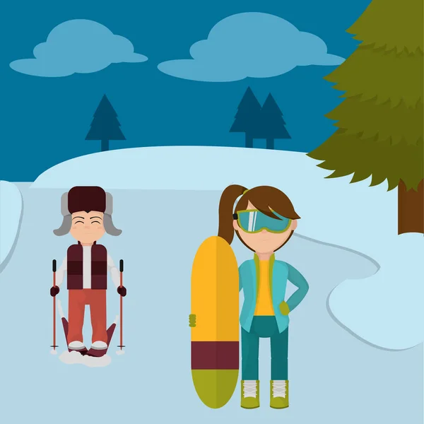 Niños con ropa de invierno jugando esquí — Vector de stock