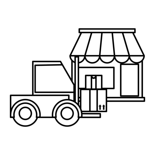 Magasin de livraison de ligne avec firklift et boîtes paquets — Image vectorielle