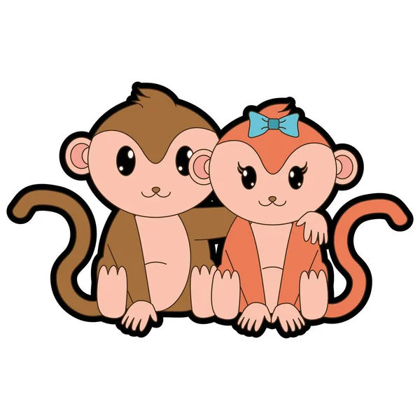 Couleur couple de singe animal mignon ensemble — Image vectorielle