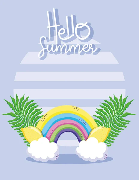 你好夏天与柠檬和彩虹在云向量例证图图形设计 — 图库矢量图片