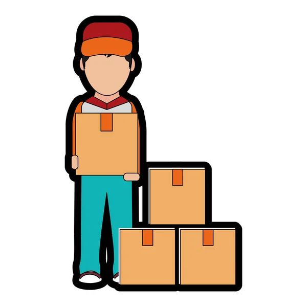 Krabice Muž Dodání Přepravní Logistické Téma Izolovaná Konstrukce Vektorové Ilustrace — Stockový vektor