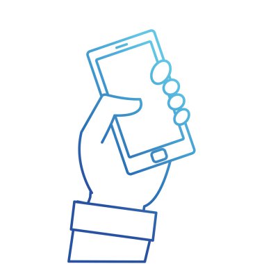 Mavi çizgili el ile smartphone teknoloji nesne simgesi