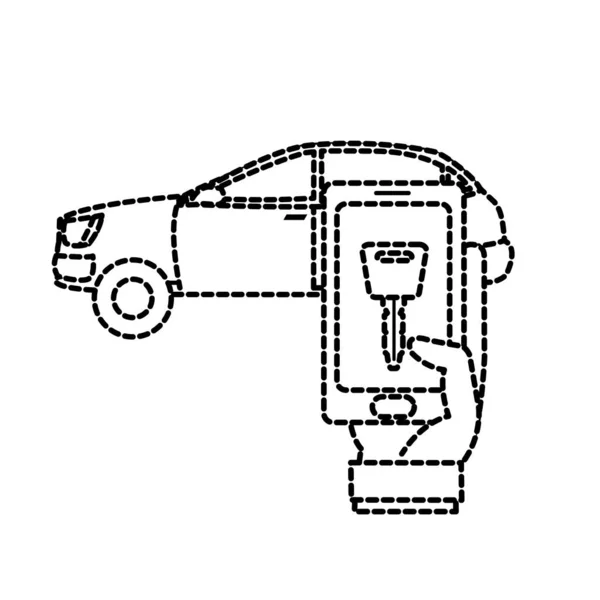 Forma punteada coche y mano del hombre con la llave digital del teléfono inteligente — Vector de stock
