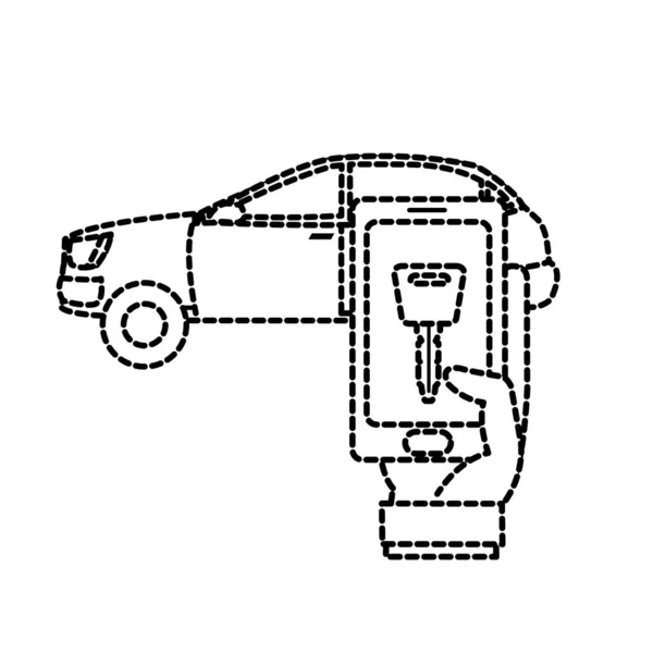 Διάστικτο σχήμα αυτοκίνητο και ο άνθρωπος το χέρι με smartphone ψηφιακό κλειδί — Διανυσματικό Αρχείο