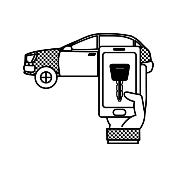 Fyllning textur bil och man hand med smartphone digital nyckel — Stock vektor