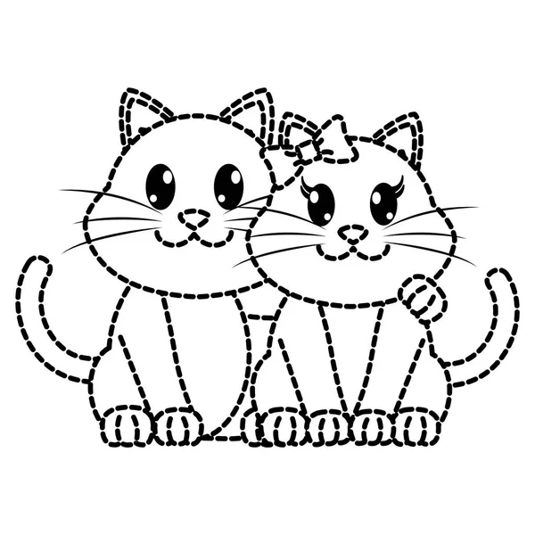 Forme pointillée couple chat mignon animal caractère — Image vectorielle