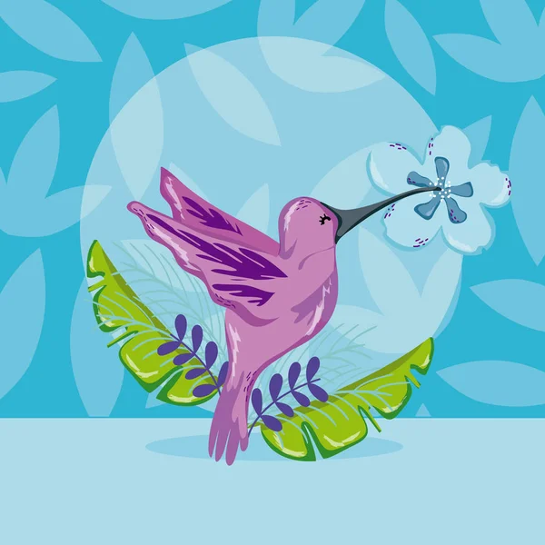 Aves Exóticas Dibujos Animados Sobre Hojas Tropicales Vector Fondo Ilustración — Vector de stock