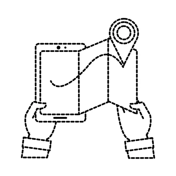 Prickade formen man händerna med smartphone med karta och läge symbol — Stock vektor