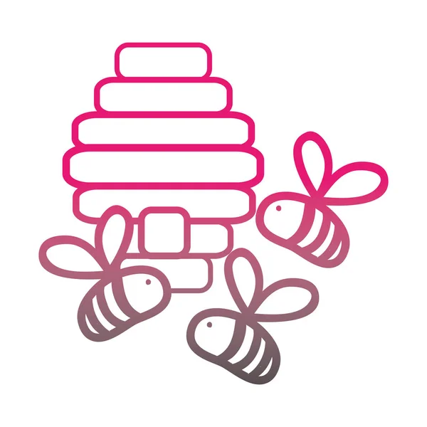 Couleur ligne mignon abeilles insecte volant sur nid d'abeille — Image vectorielle