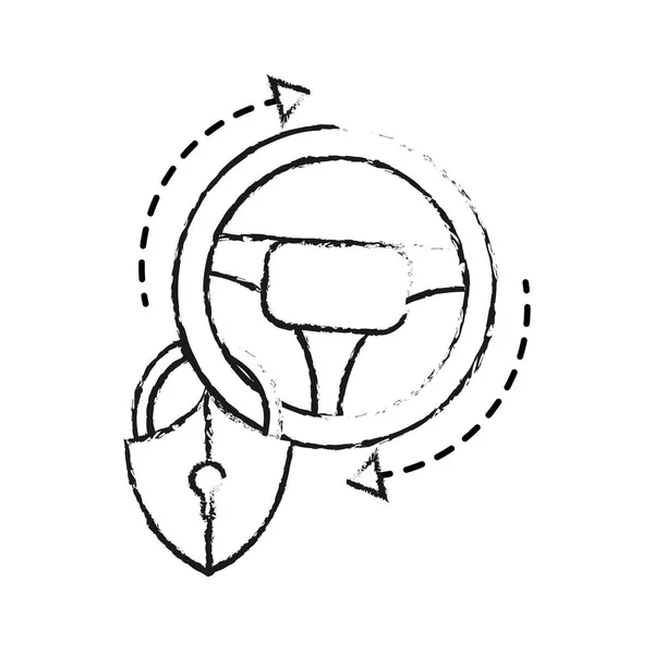 Grunge auto stuurwiel en veiligheid van het hangslot — Stockvector