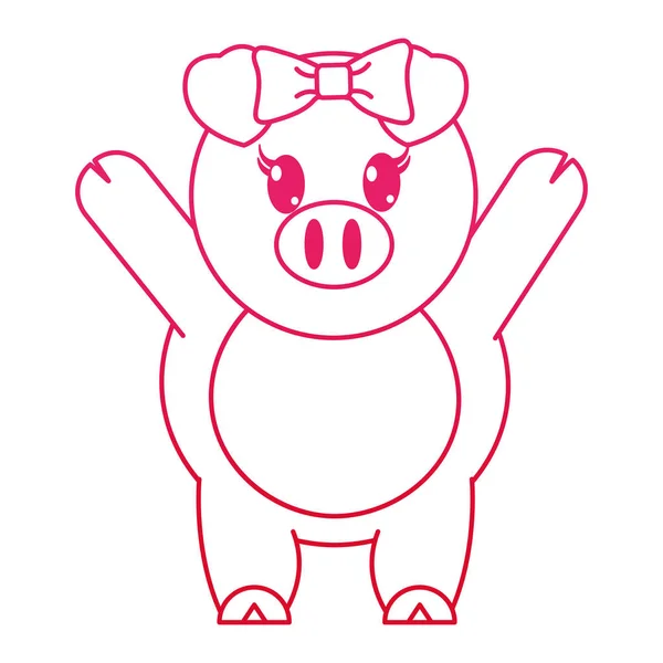 Fucsia line adorable perempuan hewan babi dengan tangan ke atas - Stok Vektor