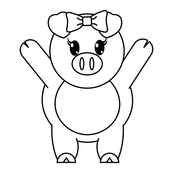 Line adorable female pig animal with hands up — Stock Vector