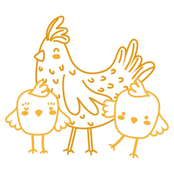 Gallina de línea de neón con pollitos granja aves animales — Vector de stock