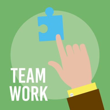 El ile bulmaca yapboz parçaları ekip çalışması çizgi film vektör çizim grafik tasarım