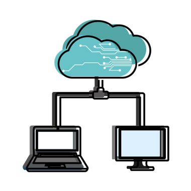 Bulut depolama teknolojisi ve sanal Tema izole tasarım vektör çizim bilgisayar