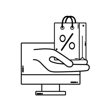 çizgi bilgisayar teknolojisi ve el ile alışveriş çantası