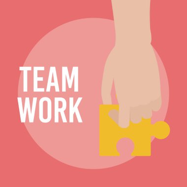 El ile bulmaca yapboz parçaları ekip çalışması çizgi film vektör çizim grafik tasarım