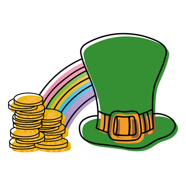 Перемещенный цвет Санкт Патрик шляпа с монетами золота и радуги — стоковый вектор