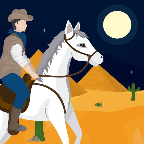 Ковбой Верхом Лошади Пустыне Ночью Вектор Иллюстрации Графический Дизайн — стоковый вектор