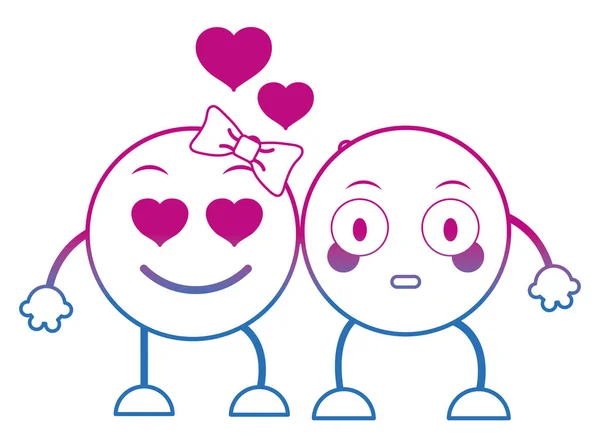 Línea degradada pareja enamorada y sorprendida cara emoji — Archivo Imágenes Vectoriales