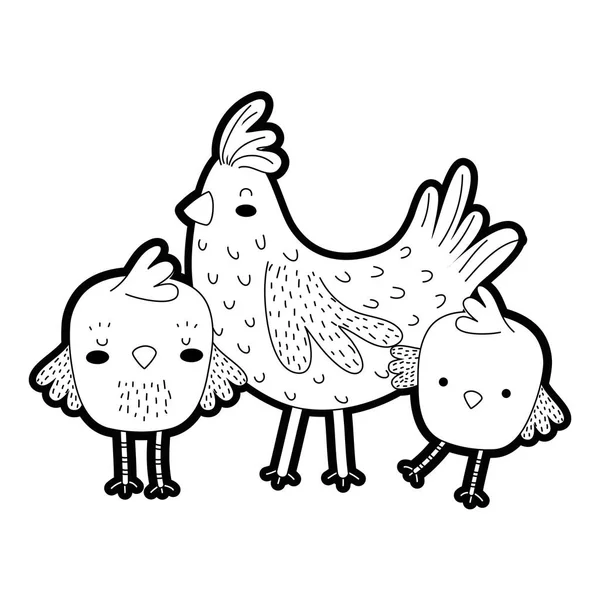 Outline hen with chicks farm bird animals — Stock Vector