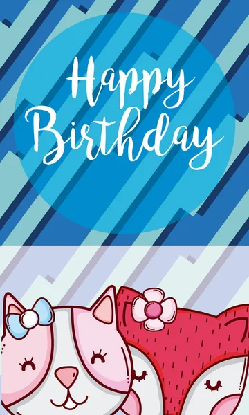 Gelukkige Verjaardag Kaart Met Schattige Dieren Paar Cartoons Vector Illustratie — Stockvector