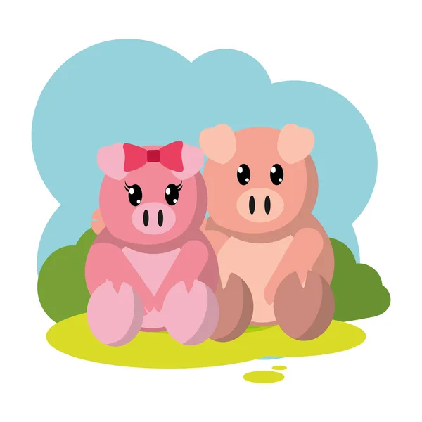 Colorful pig couple cute animal in the landscape — Stock Vector