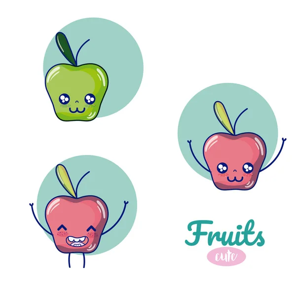 Jablka Roztomilý Kawaii Ovoce Kreslené Vektorové Ilustrace Grafický Design — Stockový vektor