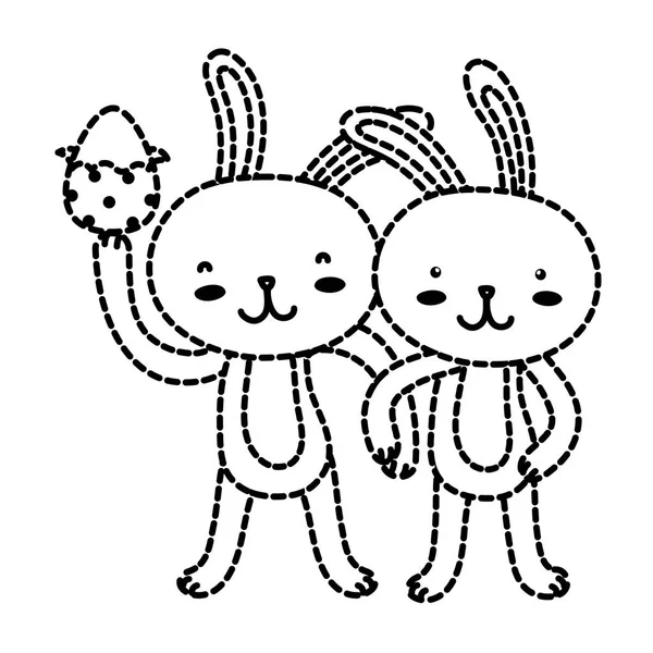 Forma punteada conejo pareja con las manos juntas y huevo pascua — Archivo Imágenes Vectoriales