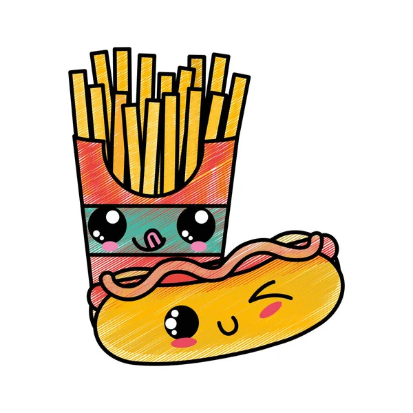 Hot Dog Patatine Fritte Fast Food Urbano Gustoso Tema Menu — Vettoriale Stock