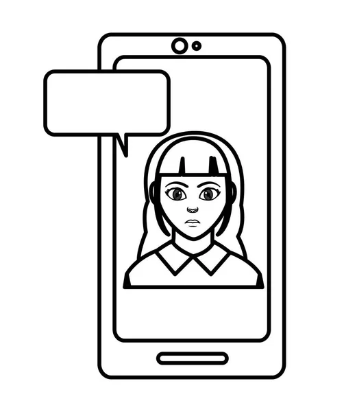 Ligne utilisateur femme à l'intérieur smartphone avec chat bulle — Image vectorielle