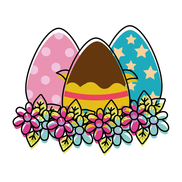 Huevos Pascua decoraciones con flores y hojas de diseño — Vector de stock