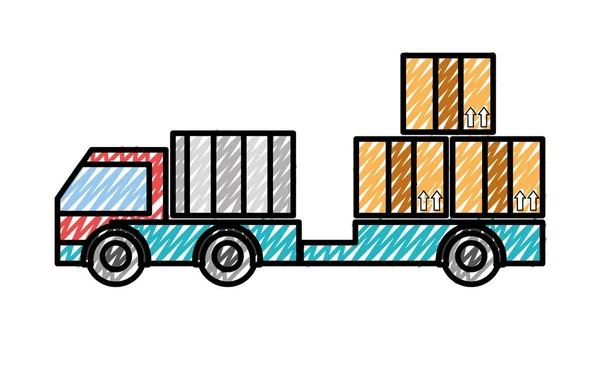 Transportasi truk pengiriman doodle dengan layanan paket - Stok Vektor