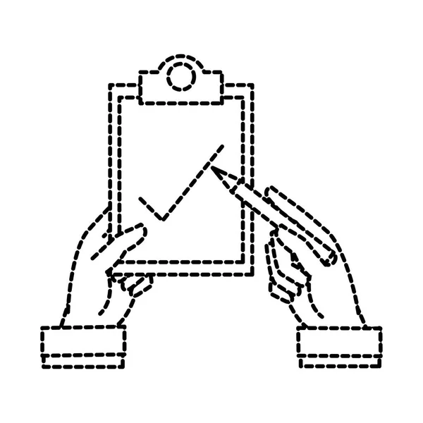 Kropkowane kształt mężczyzna ręce z pióra i wyboru listy dokumentów — Wektor stockowy