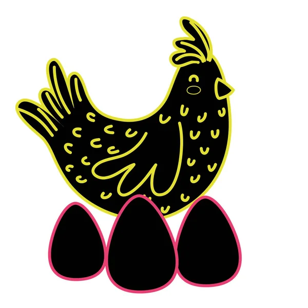 Al neon piatto gallina uccello fattoria animale con uova — Vettoriale Stock
