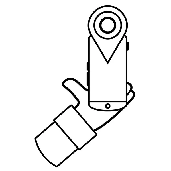 Línea hombre de negocios mano con teléfono inteligente y símbolo de ubicación — Vector de stock