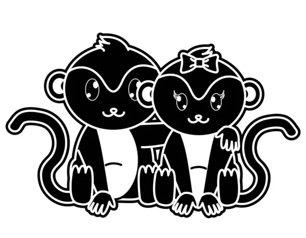 Silhouette scimmia coppia simpatico animale insieme — Vettoriale Stock