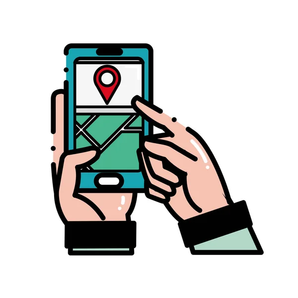 Manos de hombre de línea rayada con teléfono inteligente conectarse en el mapa gps — Vector de stock