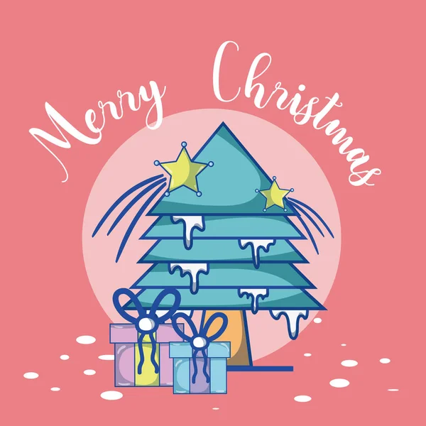 Merry Christmas Card Tree Gifts Cartoons Vector Illustration Graphic Design — Stock Vector