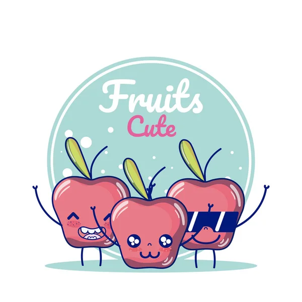苹果可爱和凉爽的水果与太阳镜卡通矢量插图平面设计 — 图库矢量图片