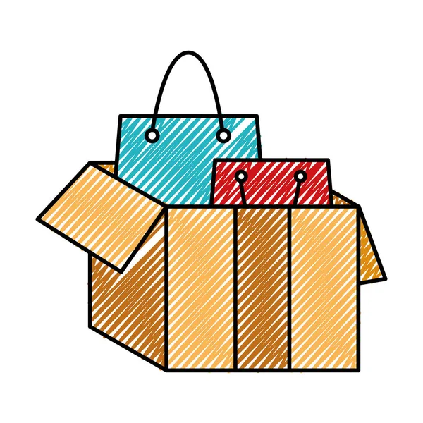 Doodle bolsas de compras dentro de paquete de caja abierta — Archivo Imágenes Vectoriales