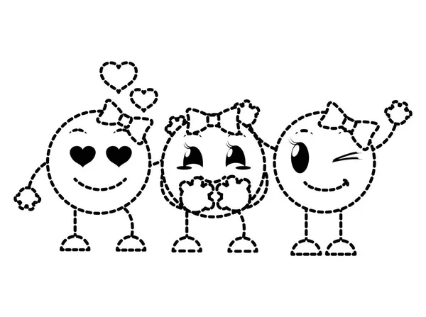 Διάστικτο σχήμα χαριτωμένο emoji παρέα με πρόσωπα έκφραση — Διανυσματικό Αρχείο