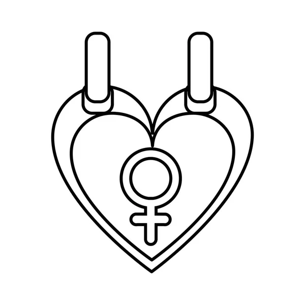 Línea mujer género signo dentro del corazón gráfico — Vector de stock